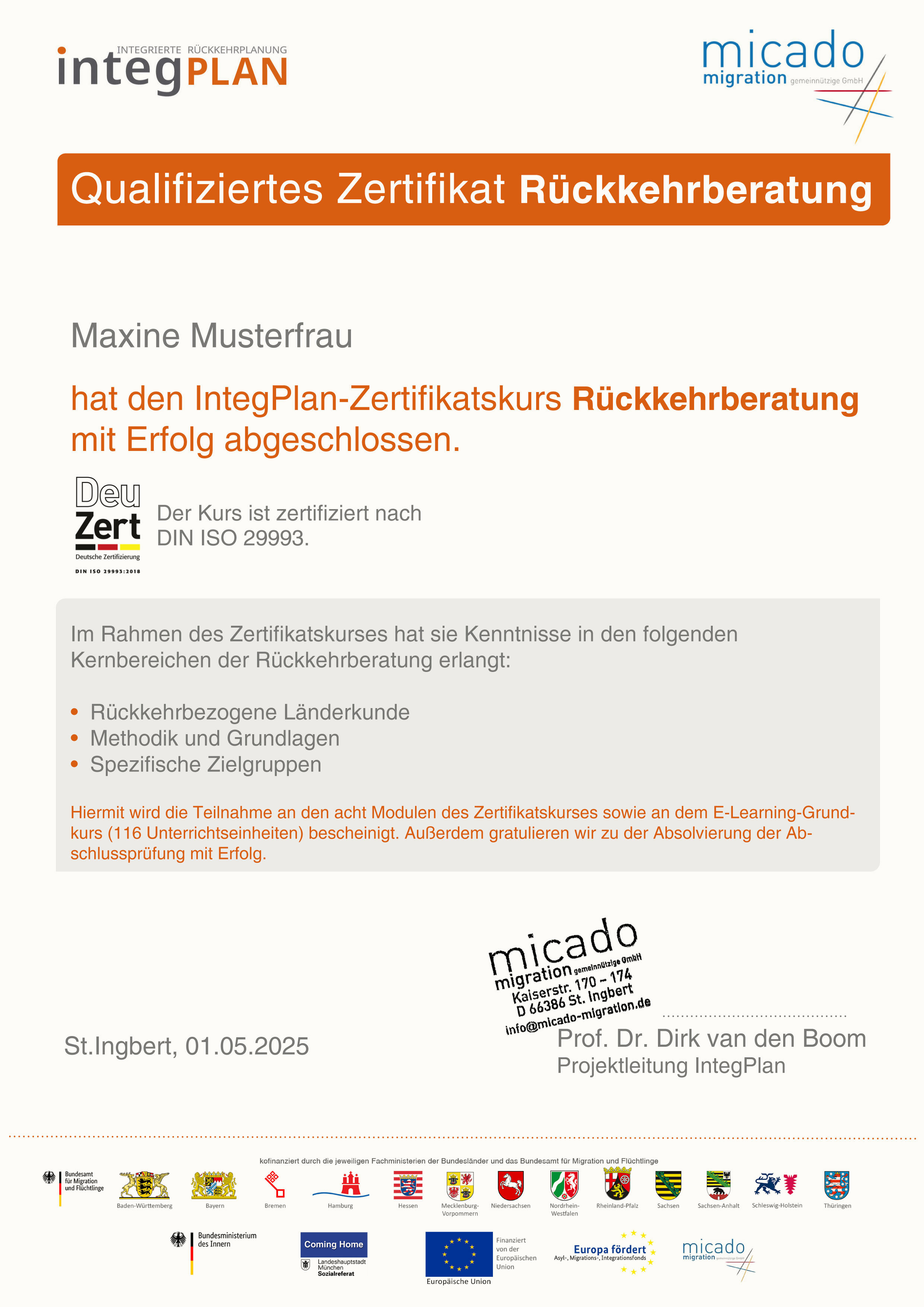 Beispiel eines qualifizierten Zertifikats R&uuml;ckkehrberatung
