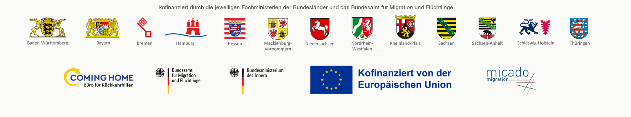 Logos der 13 kofinanzierenden Bundesländer, BAMF, BMI, EU , Coming Home, Micado Migration