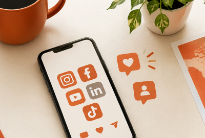 Einen Laptop eine Tasse Kaffee und ein Smartphone mit Social Media Logos