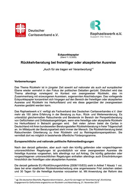Titelseite: Eckpunktepapier Rückkehrberatung bei freiwilliger oder akzeptierter Ausreise