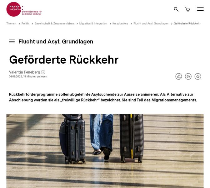 Bildschirmansicht des Kurzdossiers „Geförderte Rückkehr
