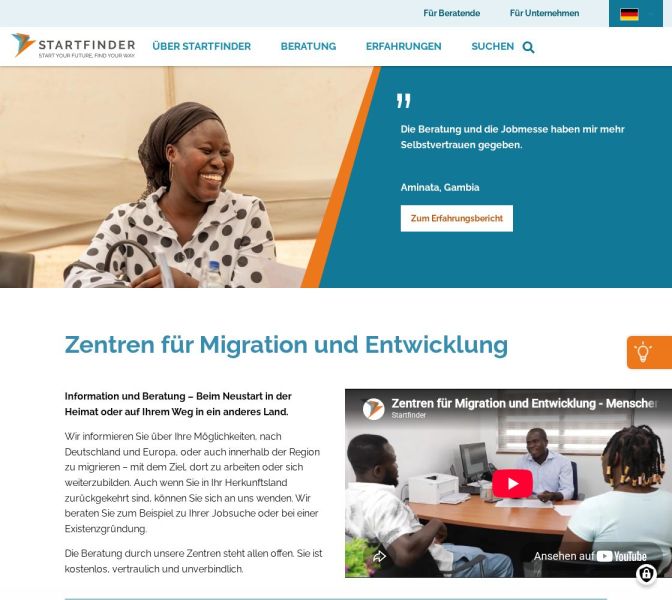 Bildschirmansicht der Website Startfinder