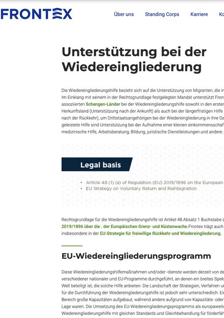 Bildschirmansicht der Website Frontex Reintegration Assistance