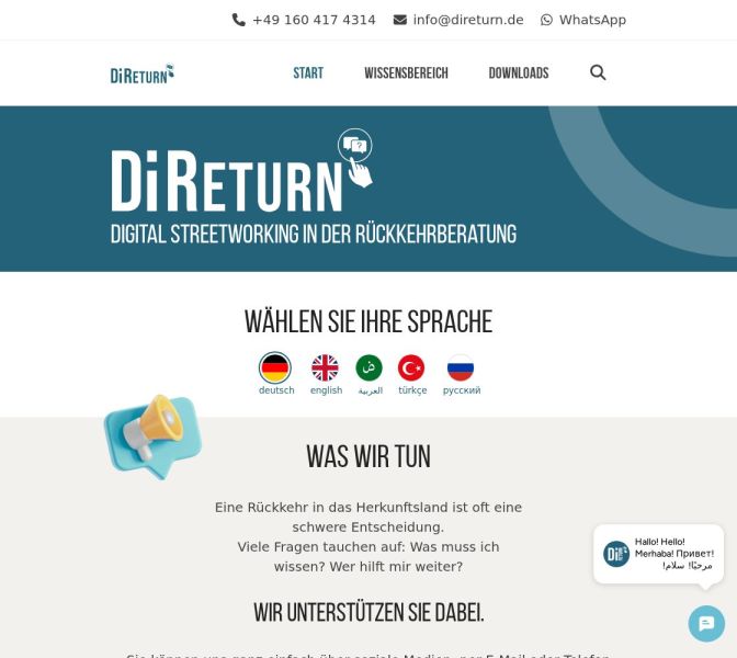 Bildschirmansicht der Website DiReturn