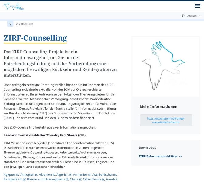Bildschirmansicht der Website ZIRF-Counselling