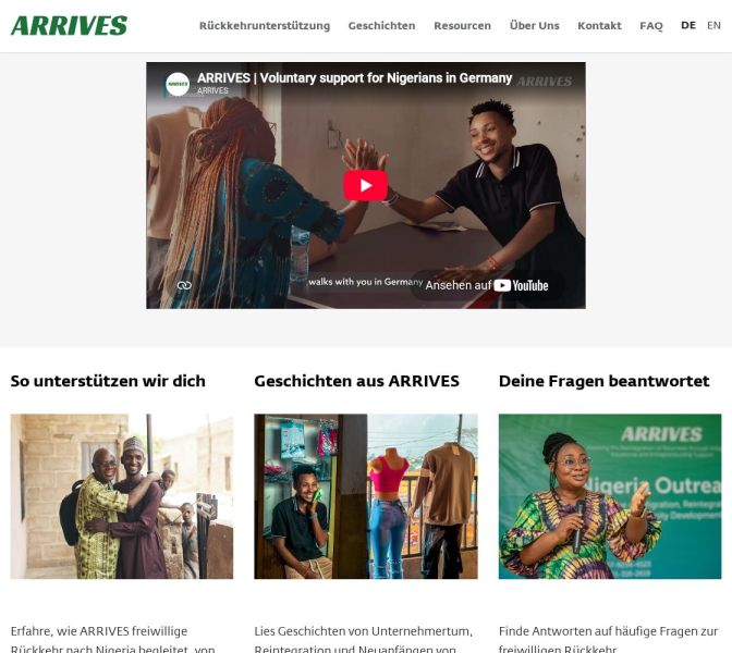 Bildschirmansicht der Website Arrives